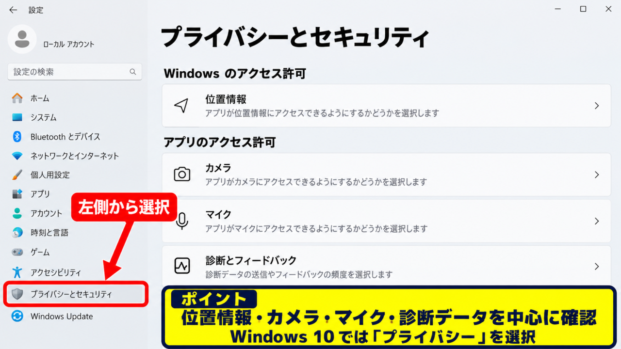 Windows 11で最初に確認したいプライバシー設定 - 設定アプリからプライバシーとセキュリティを開く手順