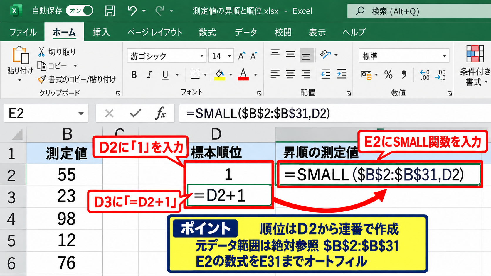 ExcelでQ-Qプロットを作成する手順 - 昇順データと順位の作成