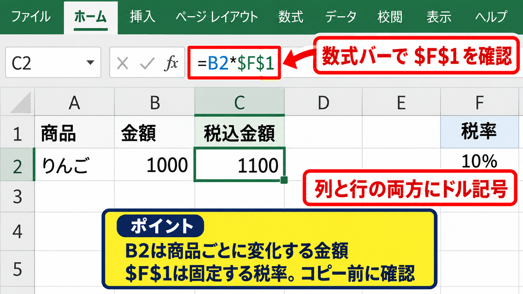 エクセルで数式を固定する方法【絶対参照の入力】 - 数式バーでの絶対参照の確認