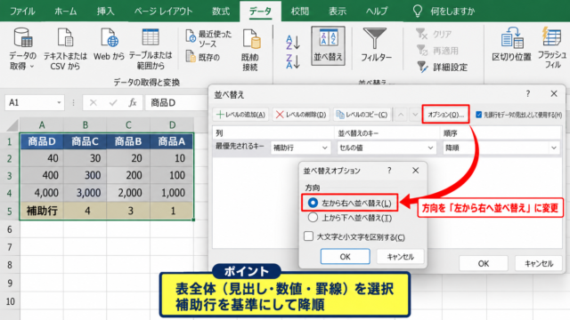 エクセルで表を左右反転する方法【列の並べ替え】 - 並べ替えダイアログでの方向変更