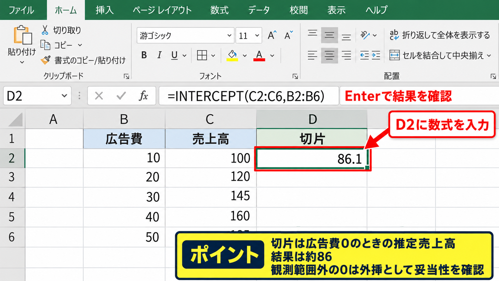 INTERCEPT関数による回帰直線の切片計算 - 実際の数式入力と結果の読み取り