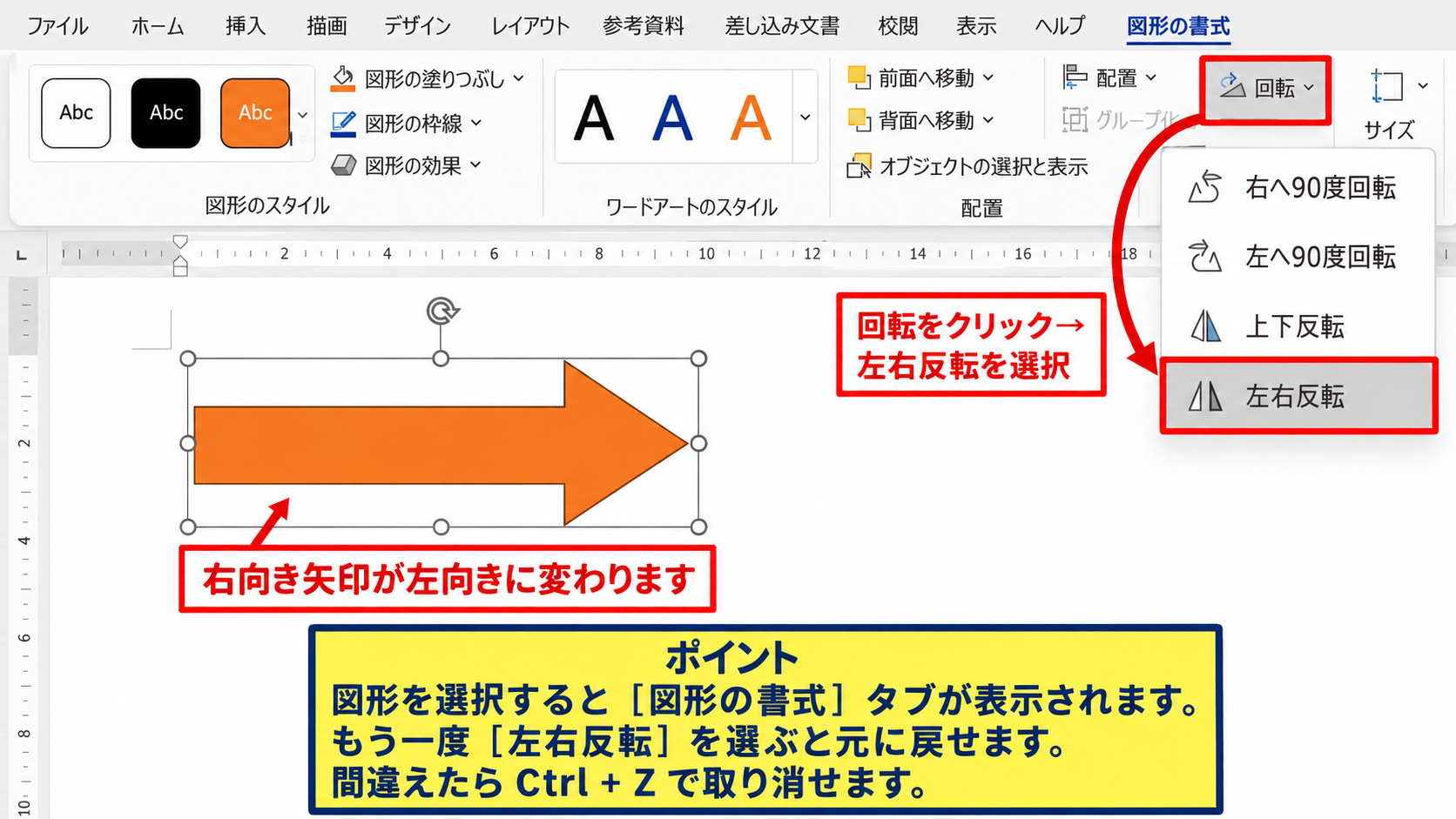 パワポで図形を左右反転する方法【図形の書式から実行】 - 回転メニューから左右反転する操作