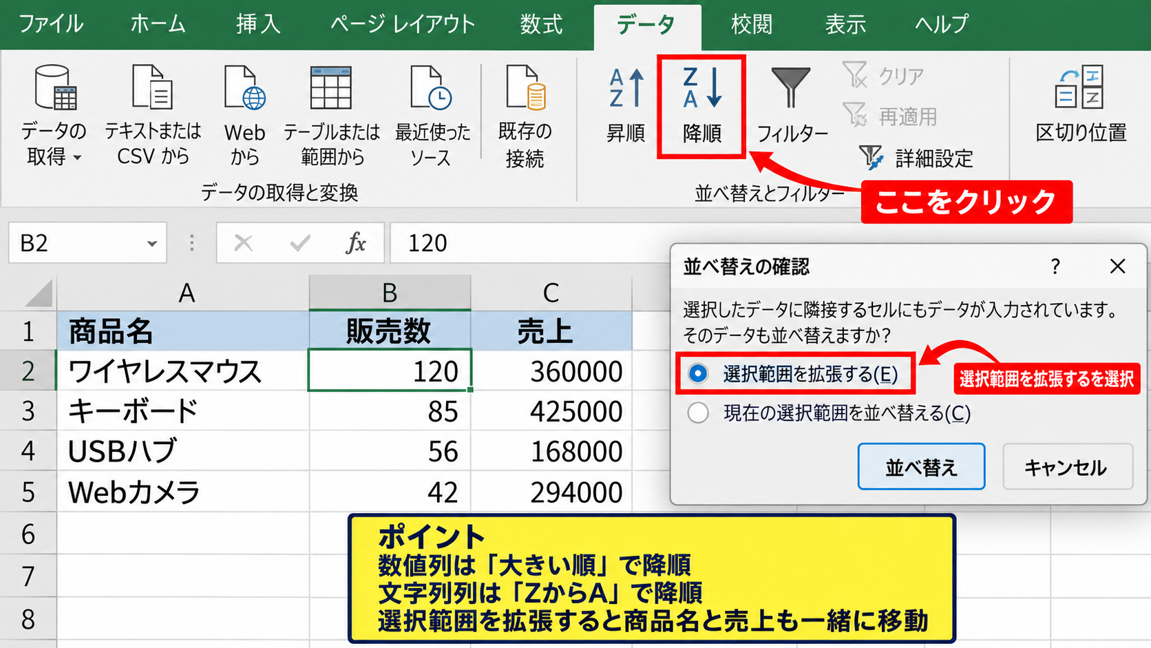 エクセルで項目を多い順に並べ替える方法 - データタブから降順を指定する操作