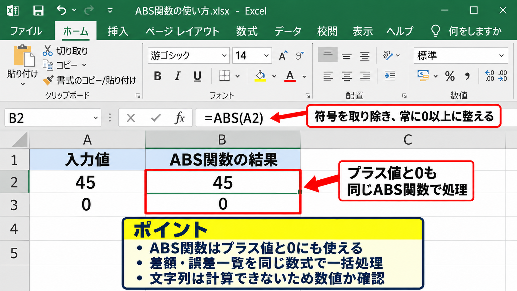 エクセルのABS関数の基本入力 - プラスとゼロの処理