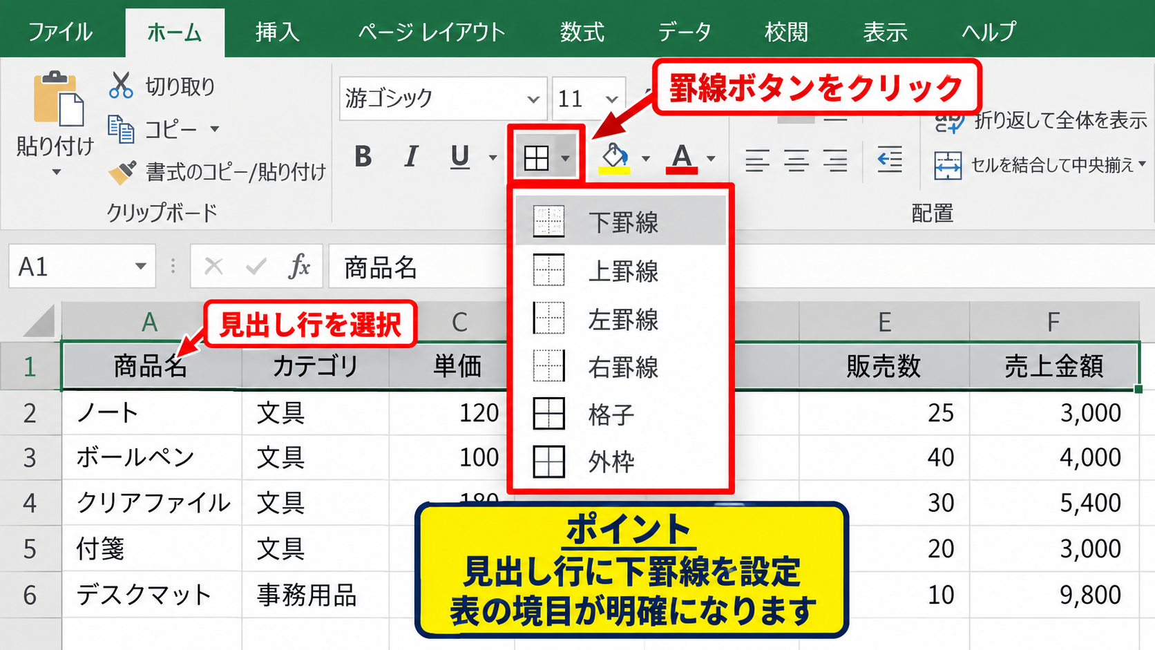 セルの罫線でまっすぐな線を作る方法 - ホームタブの罫線メニューを使う操作