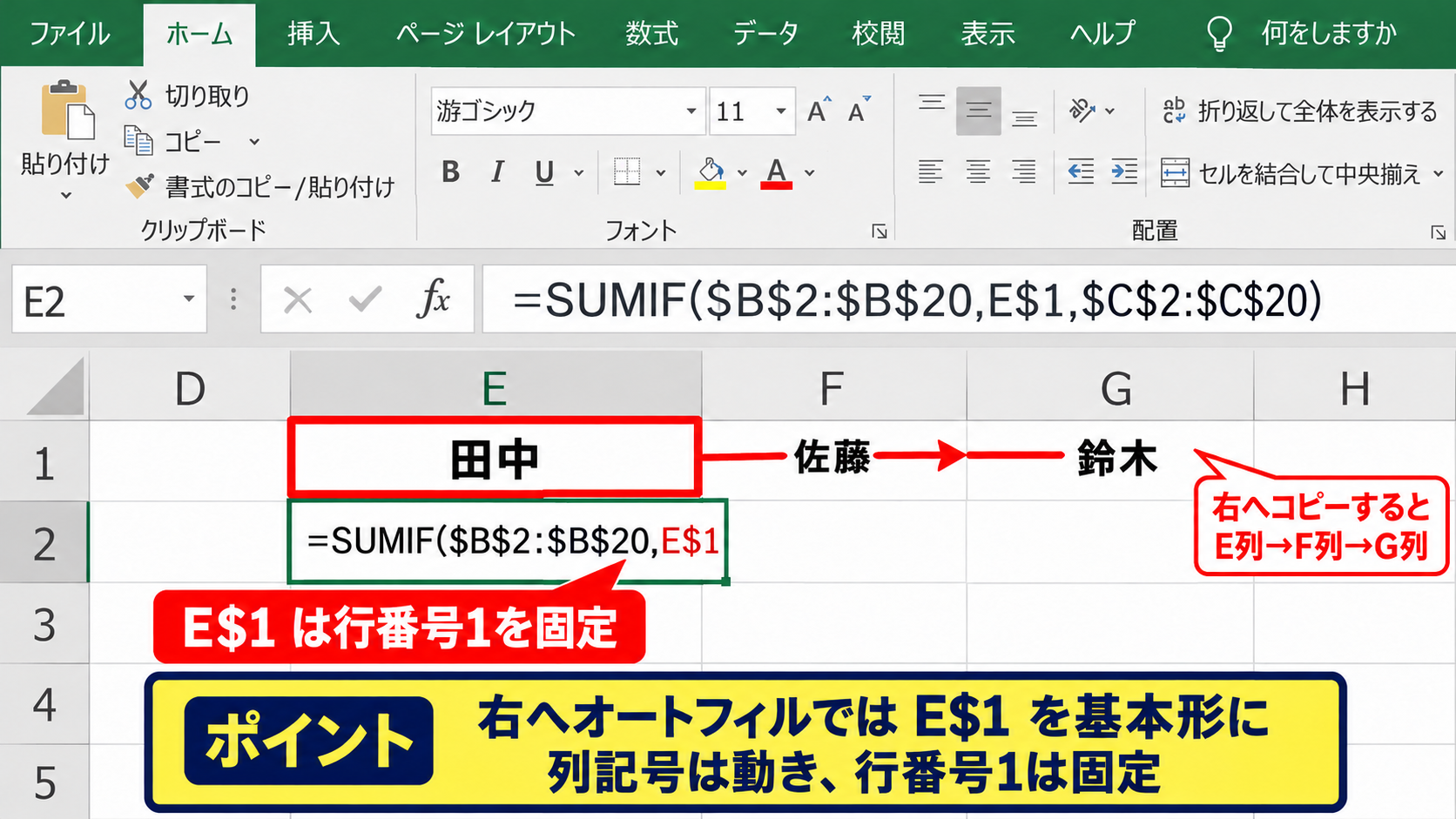 条件セルだけを動かす複合参照 - 横方向へコピーする場合の列固定