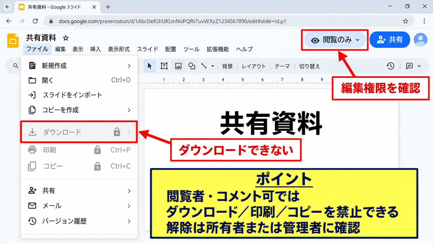 ダウンロード項目が表示されない原因 - 共有権限とダウンロード制限
