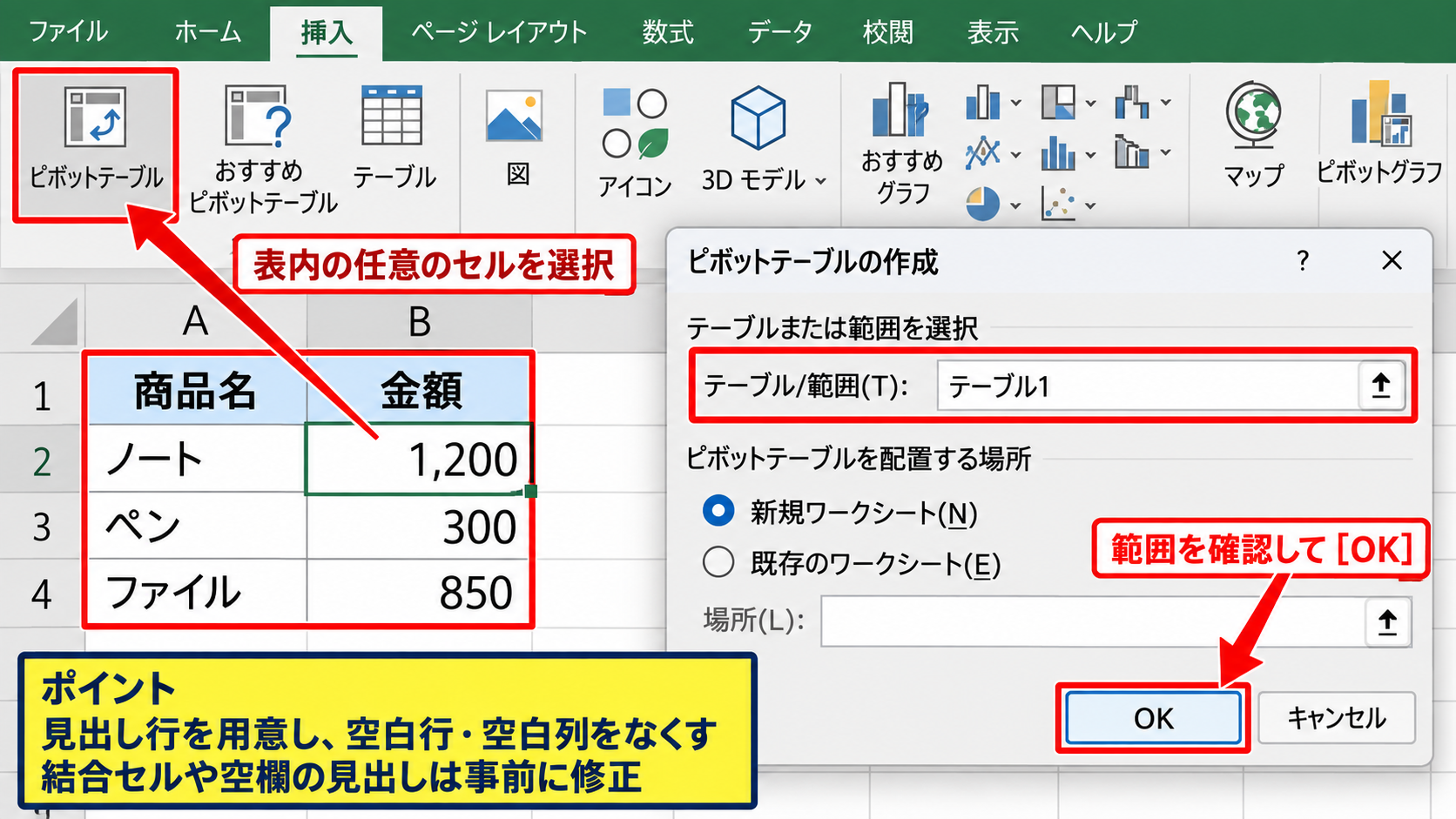 エクセルで同じ項目をまとめる方法2【ピボットテーブルによる集計】 - 元データの範囲選択