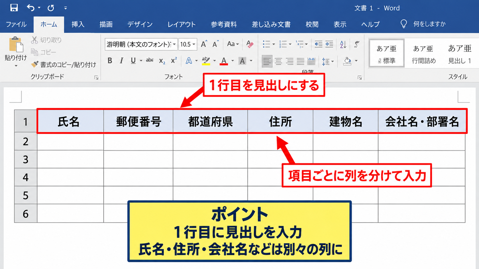 宛名ラベル用の名簿データ整理 - 1行目の見出し設定