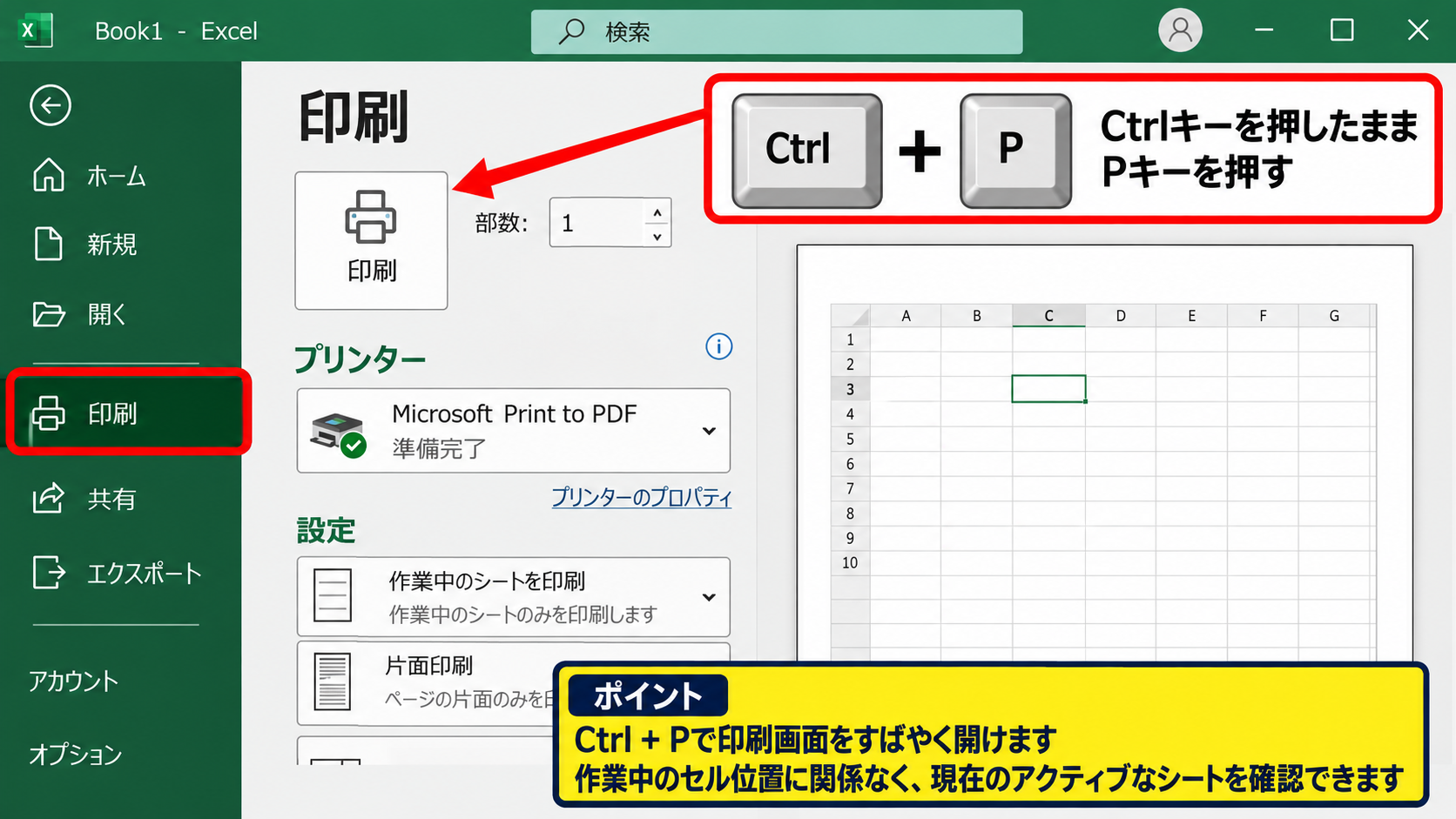 エクセルで印刷プレビューを表示する方法【ショートカットキーで開く】 - CtrlキーとPキーの同時押し