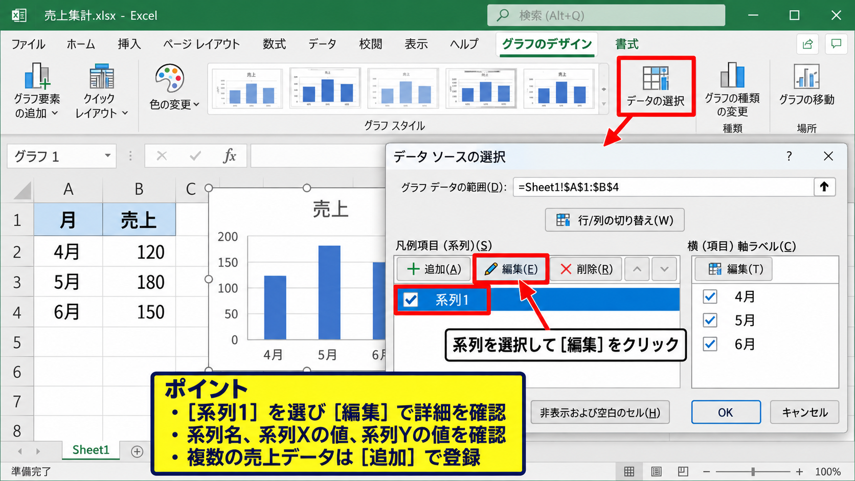 XY座標の設定と系列の修正 - データの選択画面