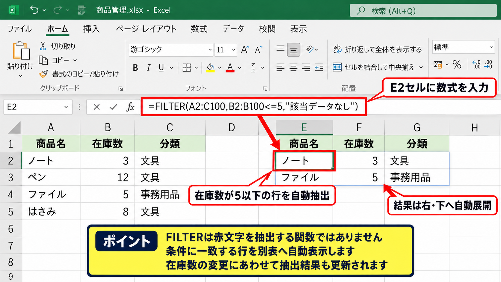 赤文字に該当する行を抽出する方法 - FILTER関数による自動抽出