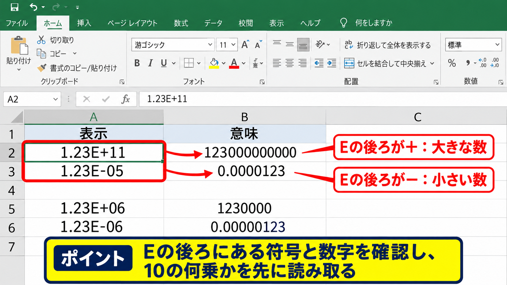 指数表示に変わる原因とセル幅の確認 - 非常に大きい数値と小さい数値