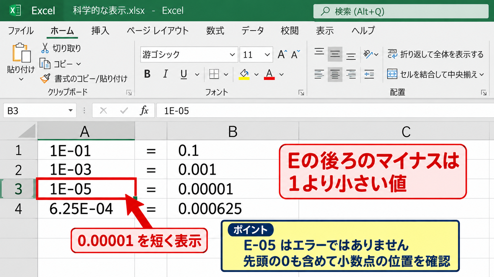 E-05と2E+05で使われる指数表示の意味 - E-05が小さな小数を表す仕組み