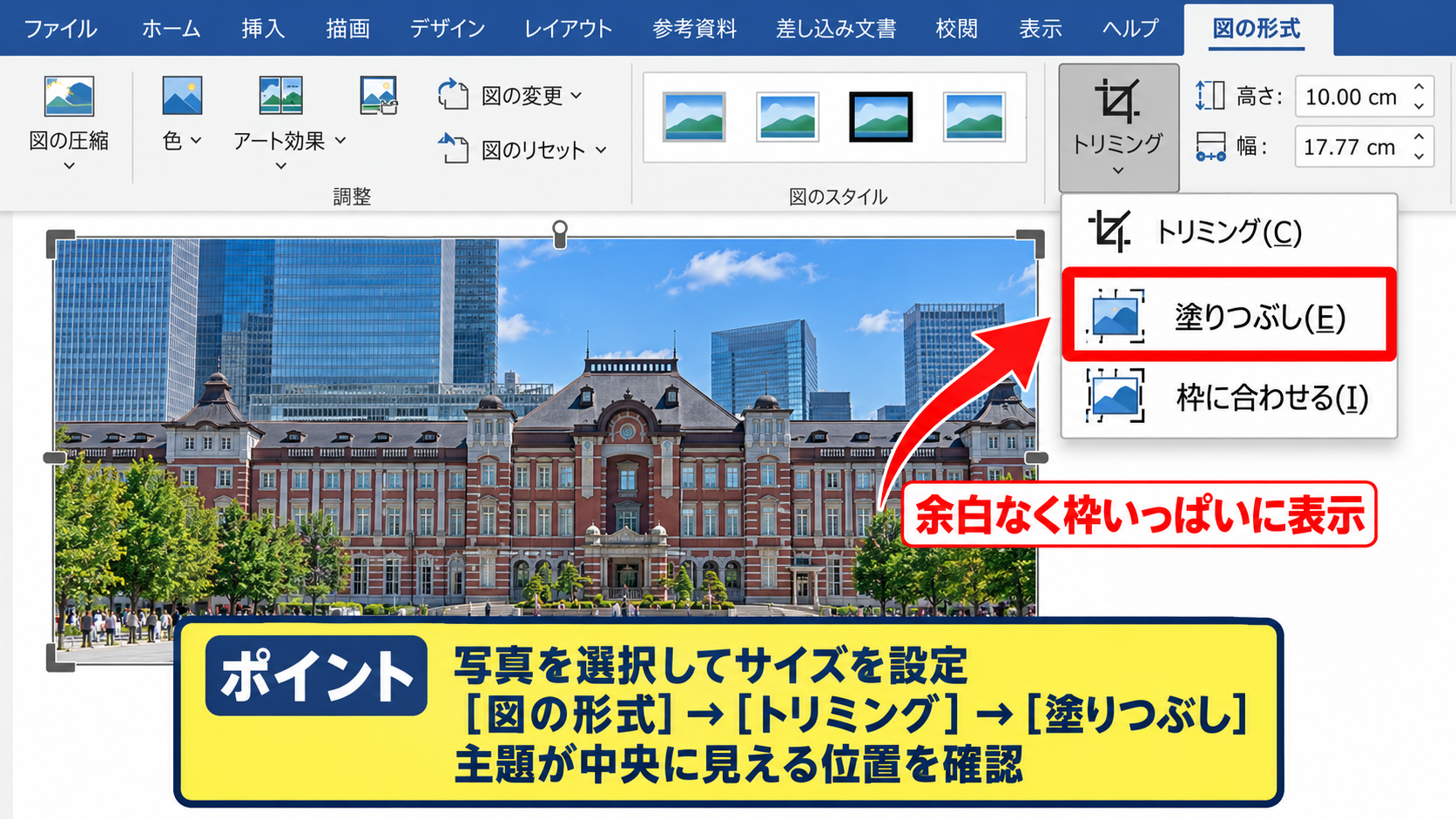 トリミングによる写真サイズの統一 - 塗りつぶしで枠いっぱいに見せる操作