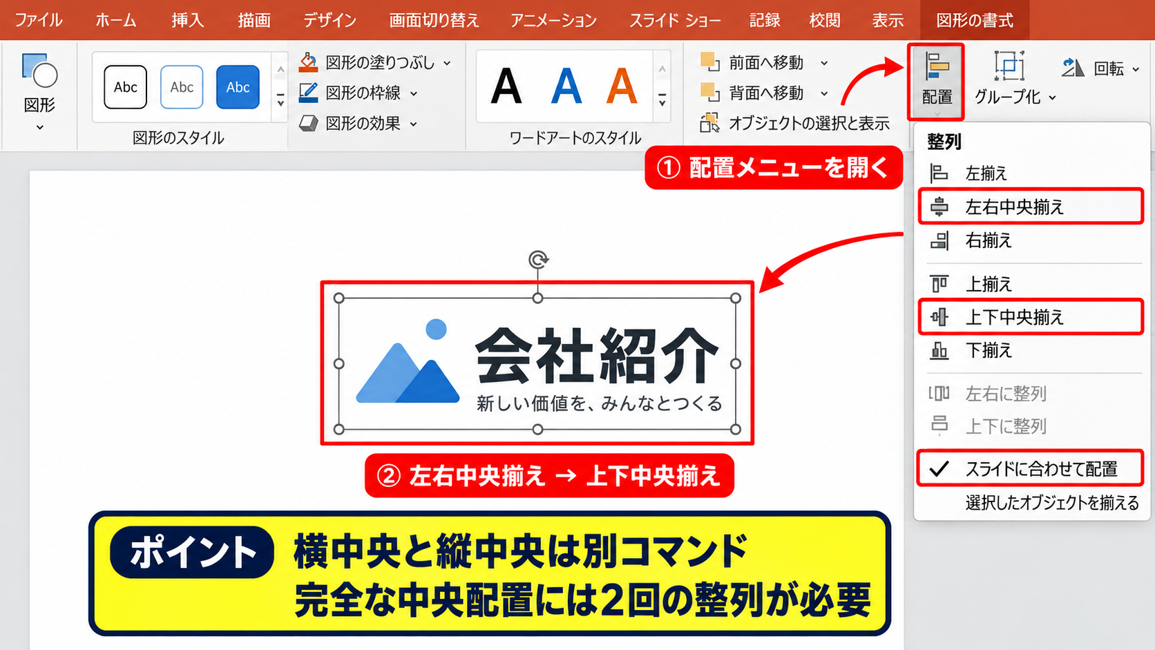 スライド中央と端に合わせる配置設定 - オブジェクトを左右中央へ配置する操作