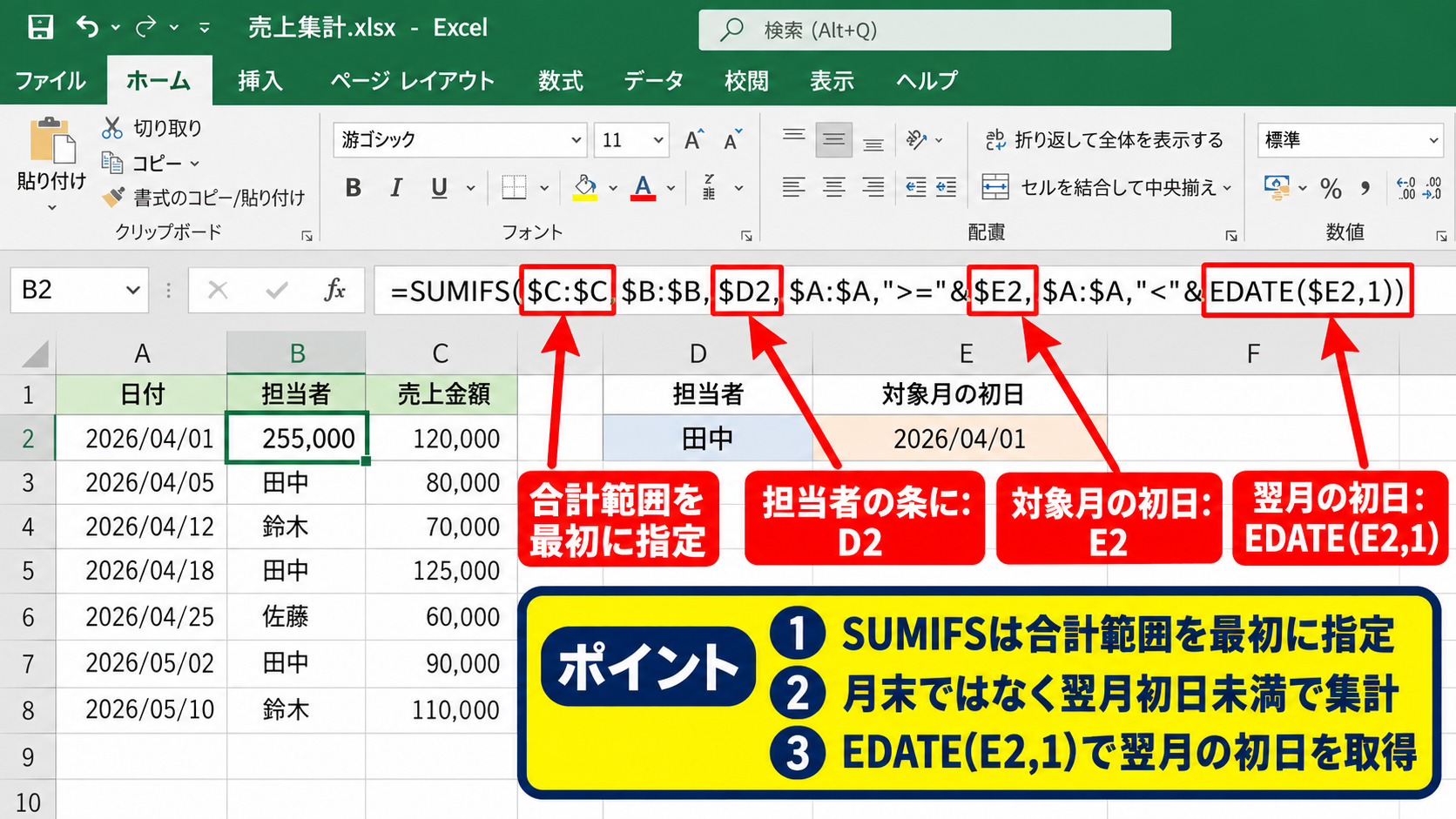 SUMIFS関数で複数条件を別シートに集計する方法 - 月別担当者別のSUMIFS数式