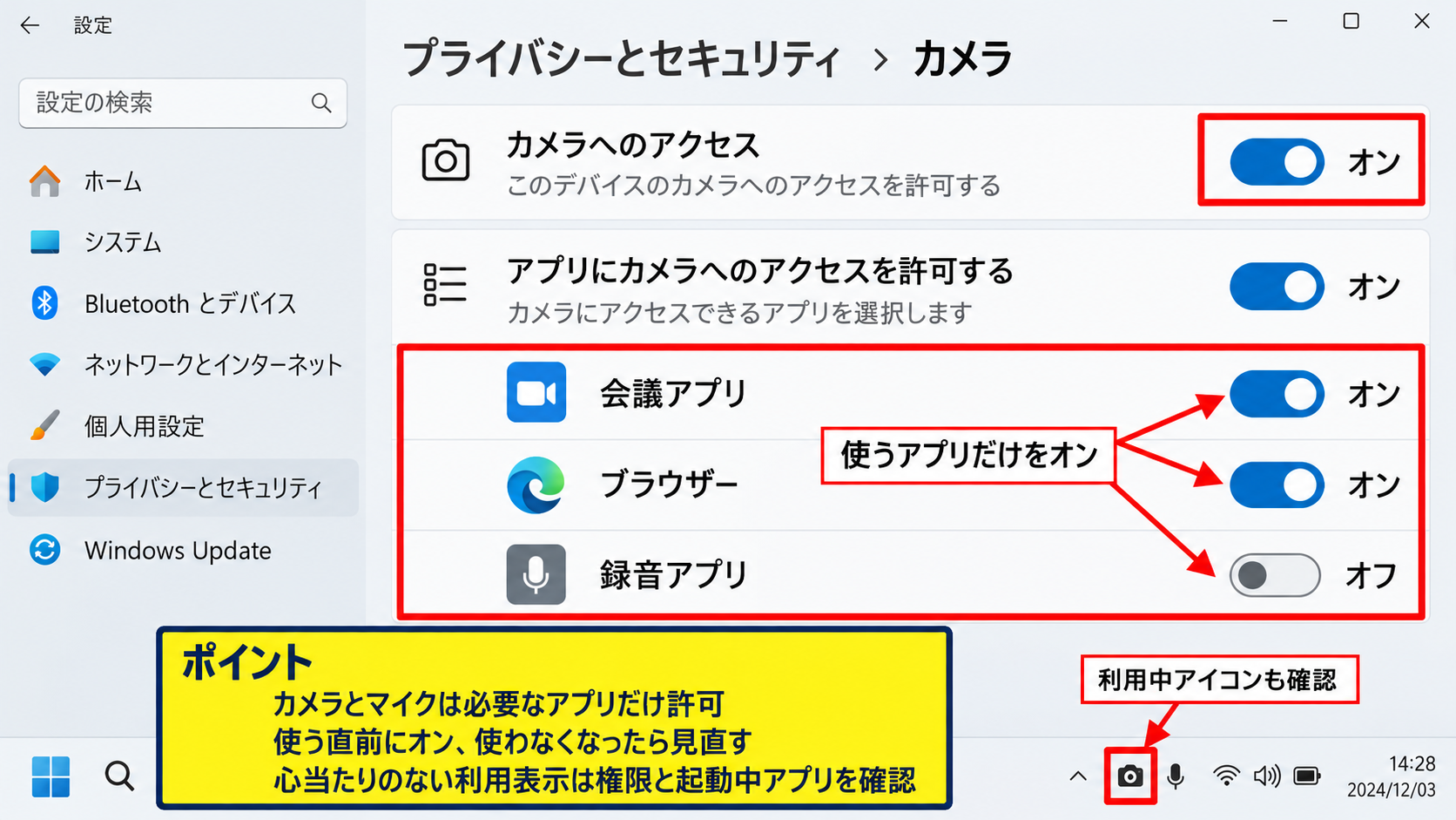 アプリごとの位置情報と権限の見直し - カメラとマイクのアクセス許可