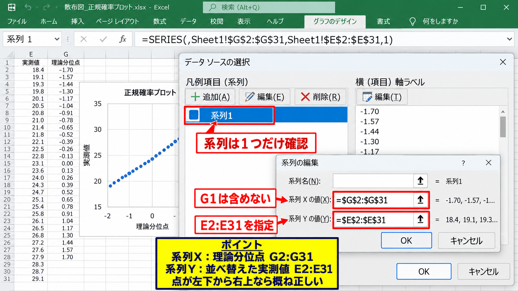 散布図によるQ-Qプロットの設定 - 散布図の挿入と系列編集